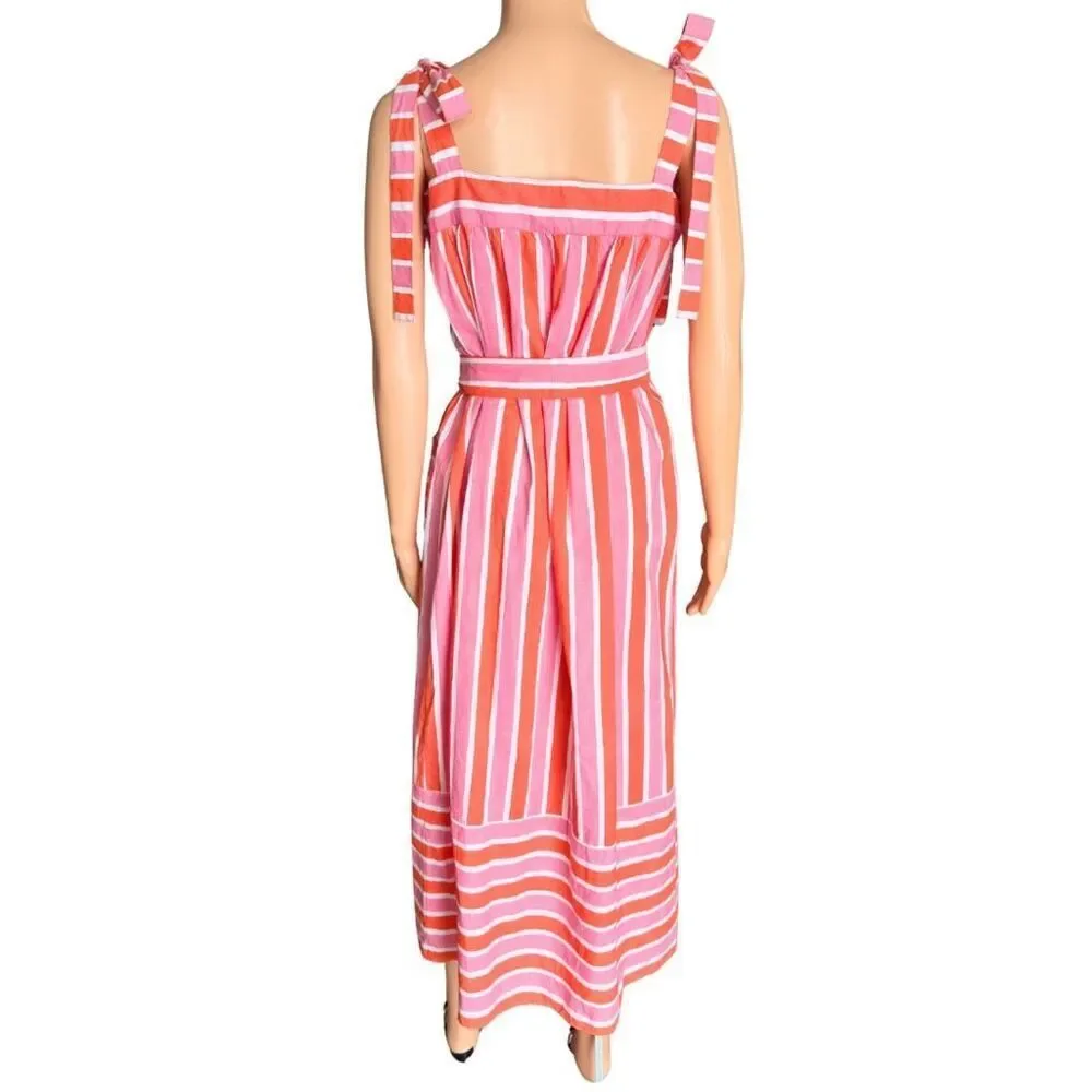 Pink City Prints Raspberry Stripe Palma Dress Small Tie Strap Midi Pockets - Picture 7 of 9